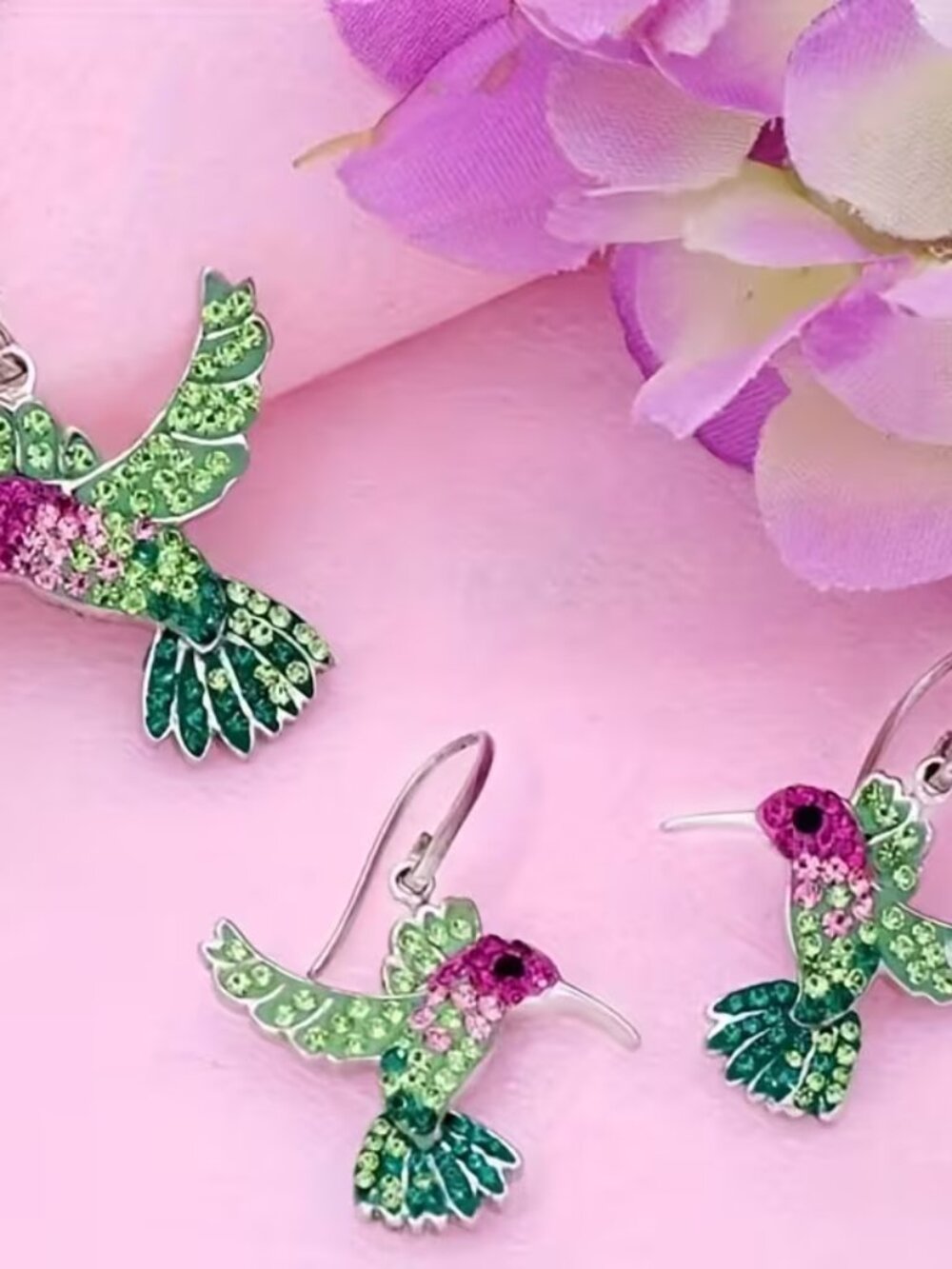 Hummingbird Crystal Pendant Necklace and Earrings Set - Pink & Green - Picture 2 of 5